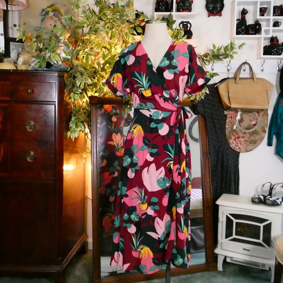 Emily and Fin 1950's Style House Plant & Hidden Cat Wrap Day Dress Sz XS - Picture 6 of 13